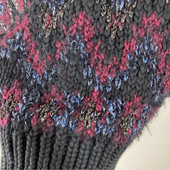 Lucky Brand Button Up Chunky Knit Cardigan Sweater M Fair Isle Black Metallic - Picture 10 of 16